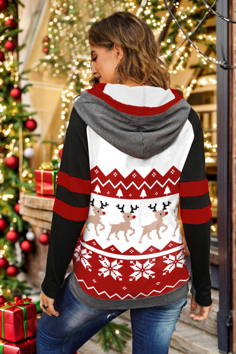 Double Take Full Size Christmas Drawstring Long Sleeve Hoodie Double Take Full Size Christmas Drawstring Long Sleeve Hoodie